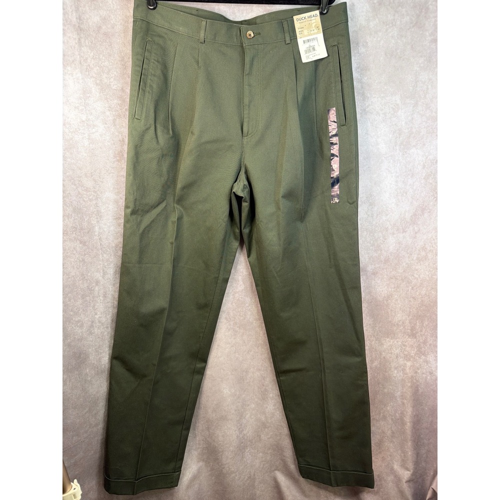 Duck Head Twill Pants Mens 38x32 Moss Green Double Pleat Cuffed Relaxed Fit NEW